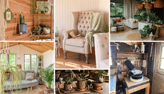 Collage of country and rustic internal decor. Raw woods, natural timber and lots of foliage.